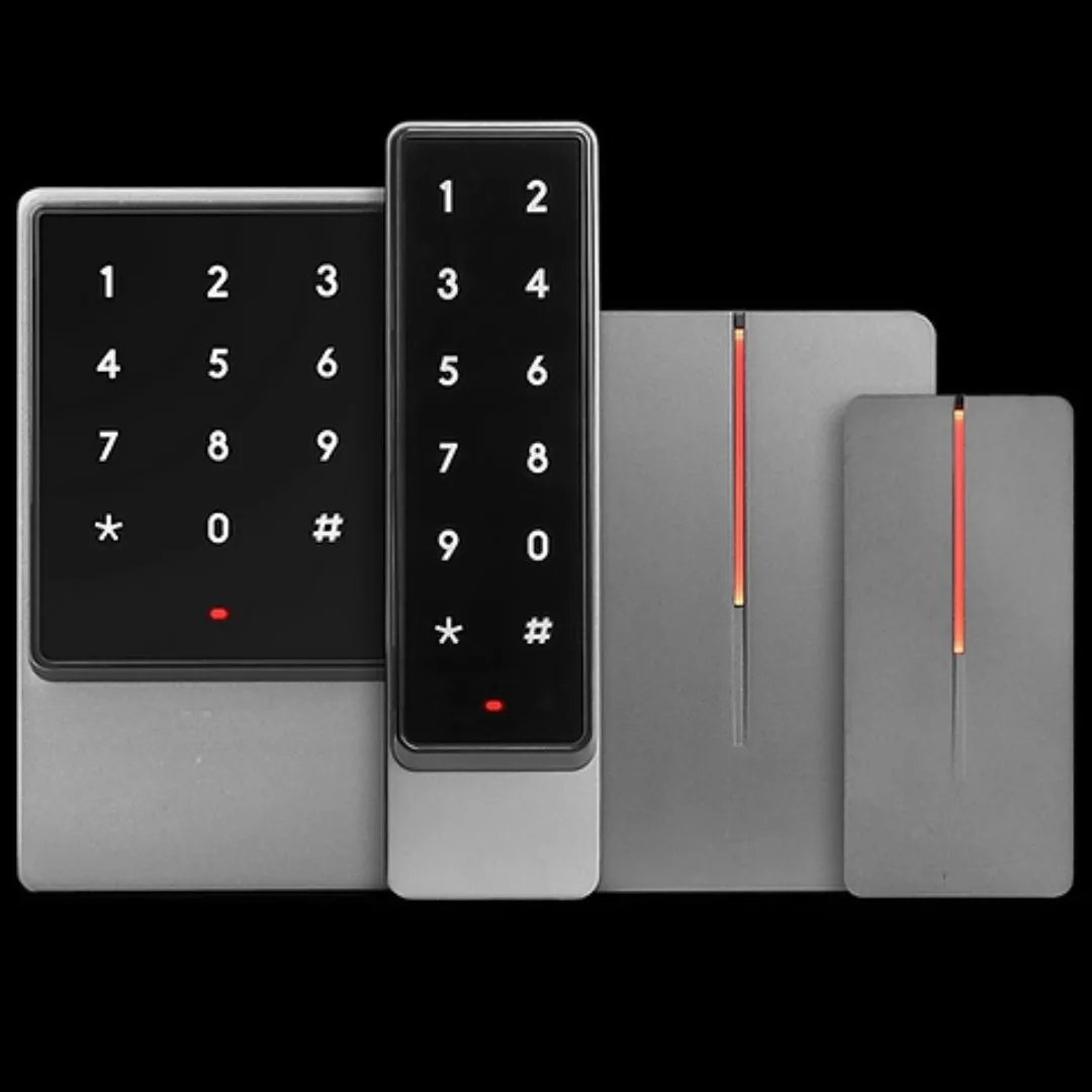 Three variations of digital keypads with numeric buttons, each with a different orientation and design, on a dark background.