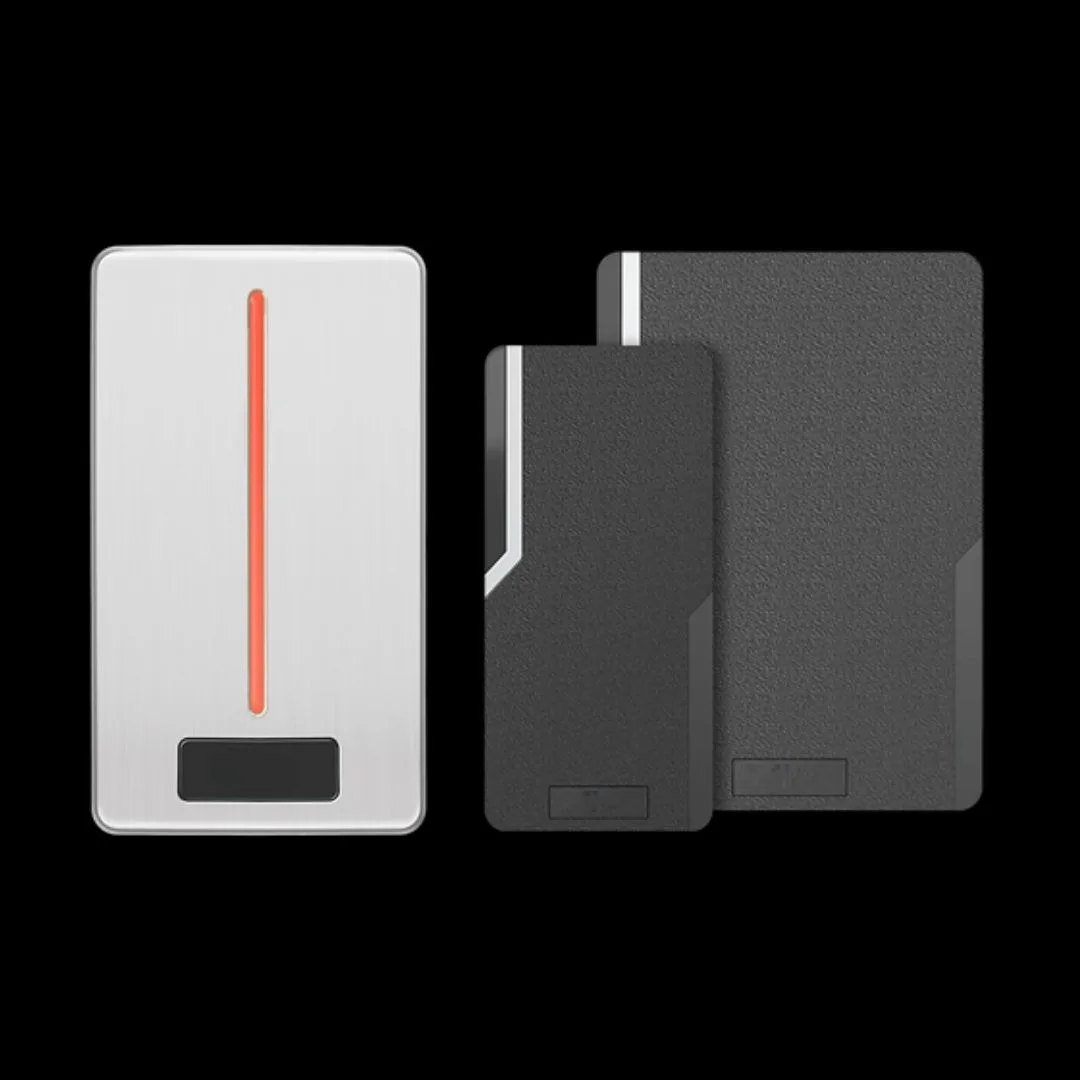 A set of two contactless card readers in different orientations with a streamlined design on a black background.
