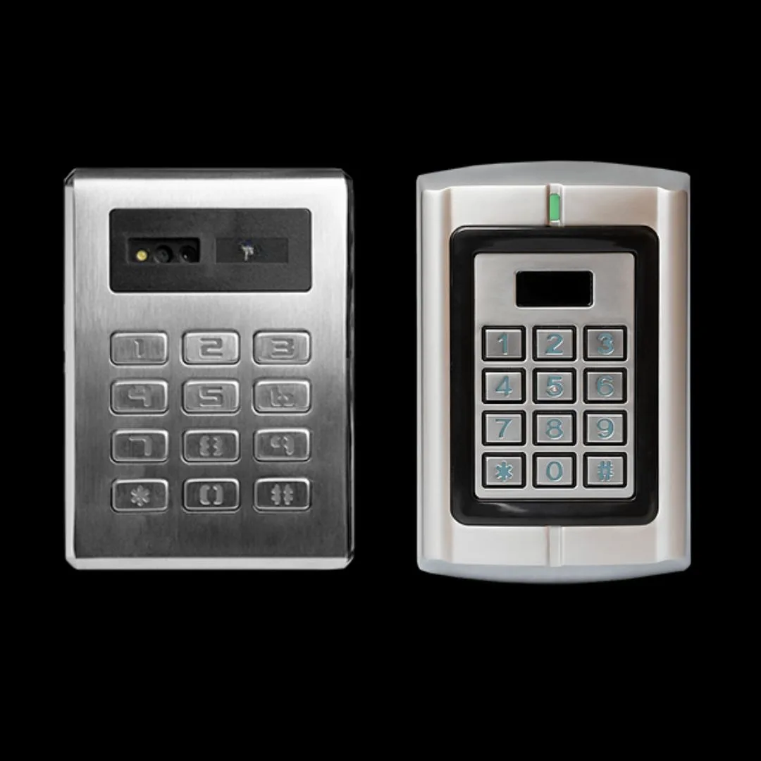 Two different types of security access devices featuring biometric and keypad entry options on a black background.