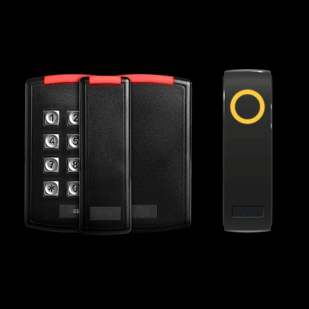 Two different portable keyless entry devices, one with a numeric keypad and one with a single-button design, against a black background.