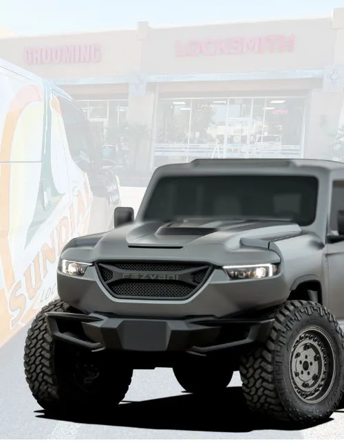 Matte black utility vehicle in front of shops.