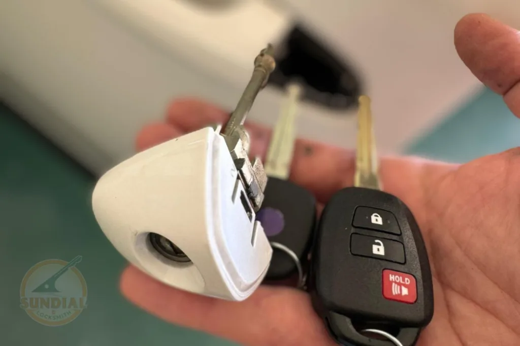 Hand holding keys with electronic car key fob.