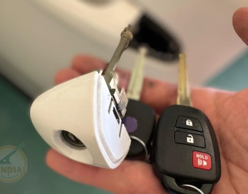 A hand holding several key fobs and keys, including one with a distinctive triangular white casing and a black car remote with buttons