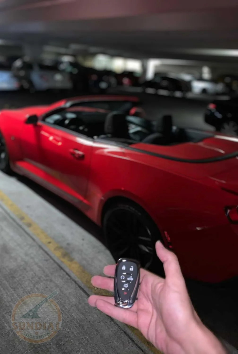 A hand presenting a car key fob against the background of a sleek red sports car at night.