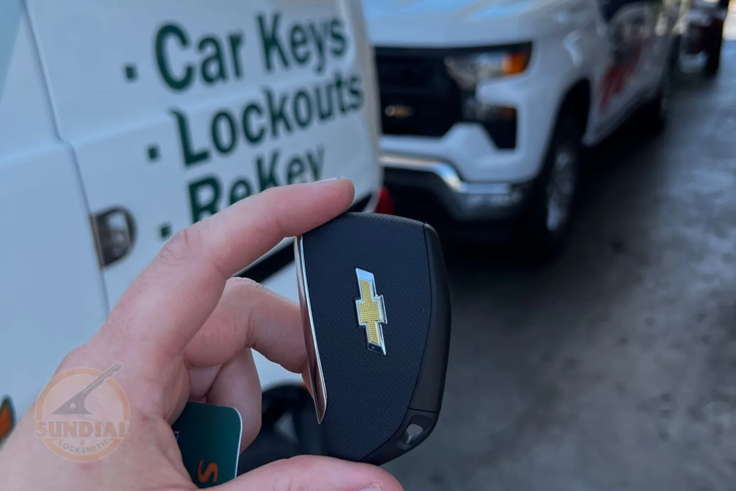 Close-up of a hand holding a Chevrolet car key fob with a locksmith business card, with a service van in the background.
