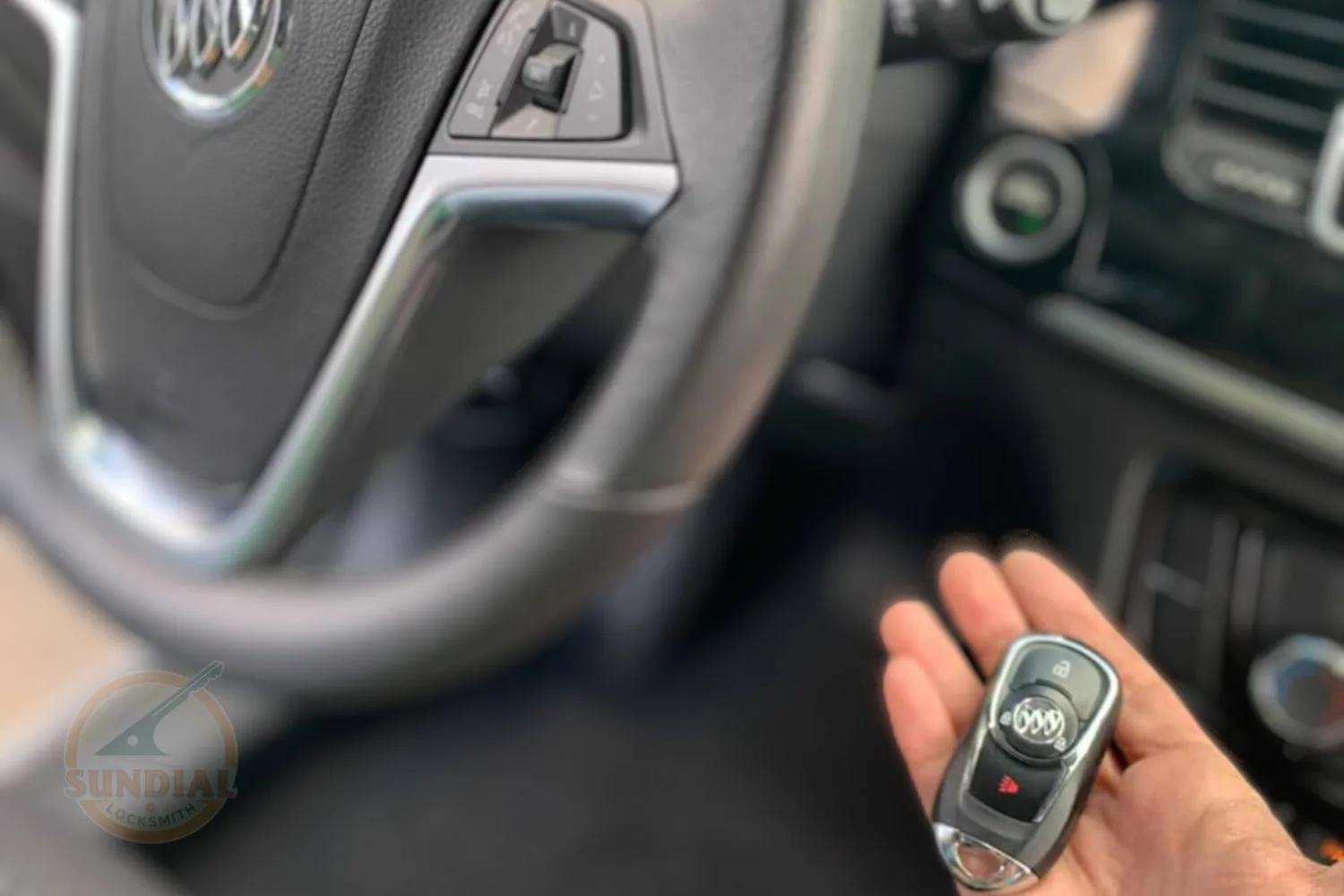 "Hand holding a Buick key fob in front of a Buick steering wheel with multimedia control buttons.