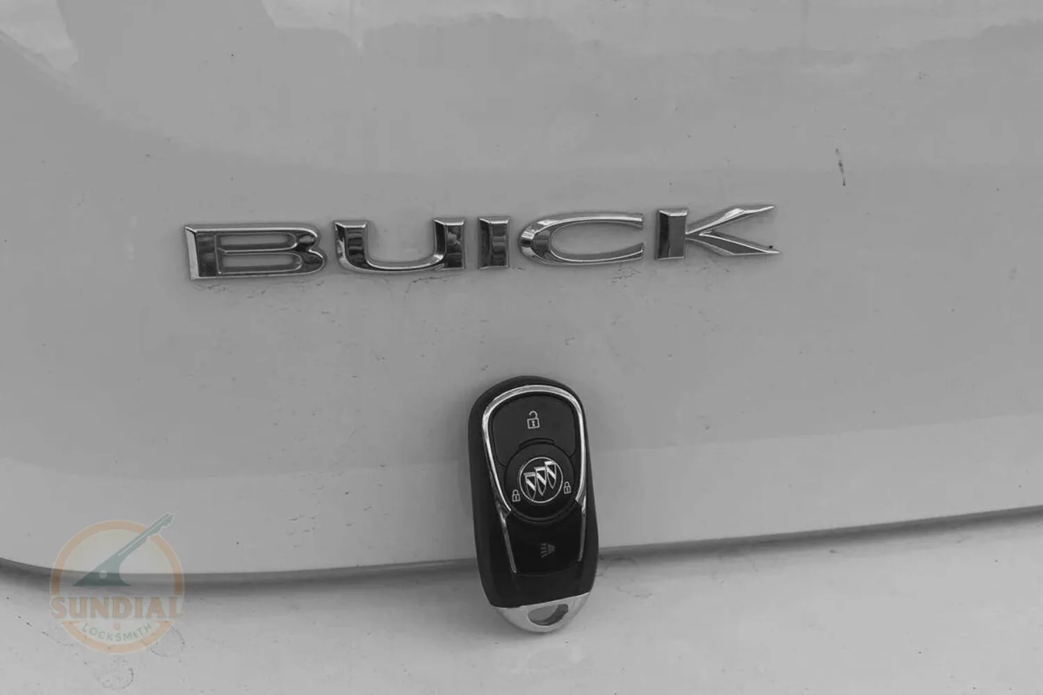 A black and white image of a Buick key fob in front of the Buick emblem on a car's trunk