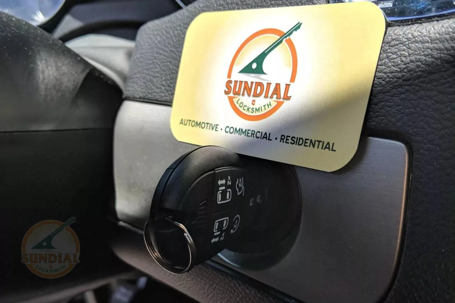 Car key inserted in ignition switch with Sundial Locksmith service card on the steering column.