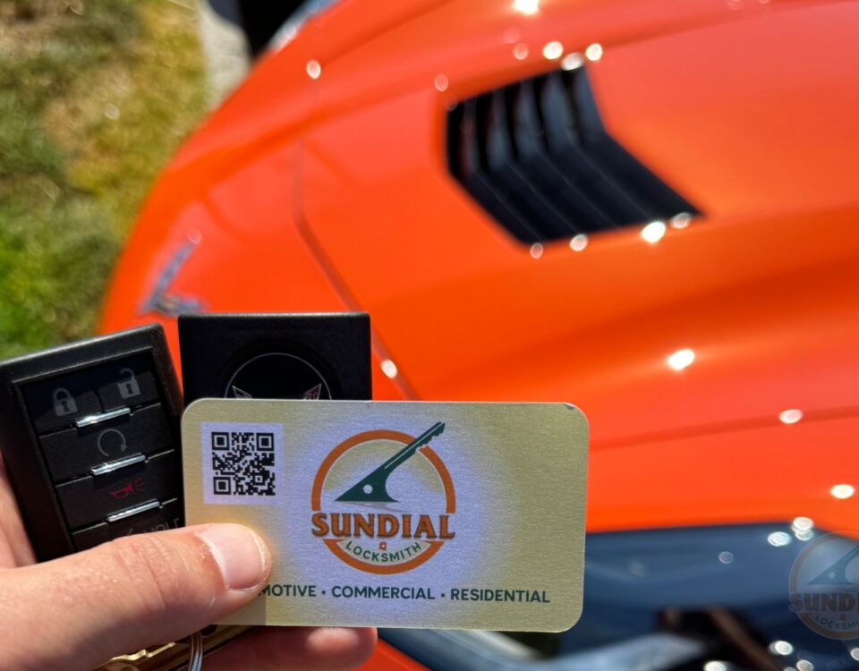 A hand holding a Sundial Locksmith business card and two car key fobs in front of a bright orange car.