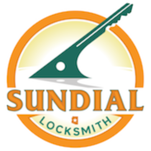 Sundial Locksmith Company Logo Circular orange and yellow logo for Sundial Locksmith featuring a green key shaped like a sundial with the company name in bold orange letters.