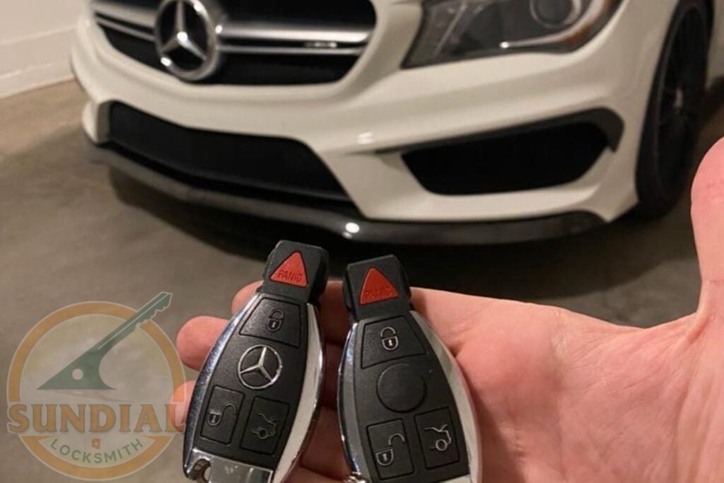 A hand holding two Mercedes-Benz smart key fobs in front of a white Mercedes-Benz vehicle.