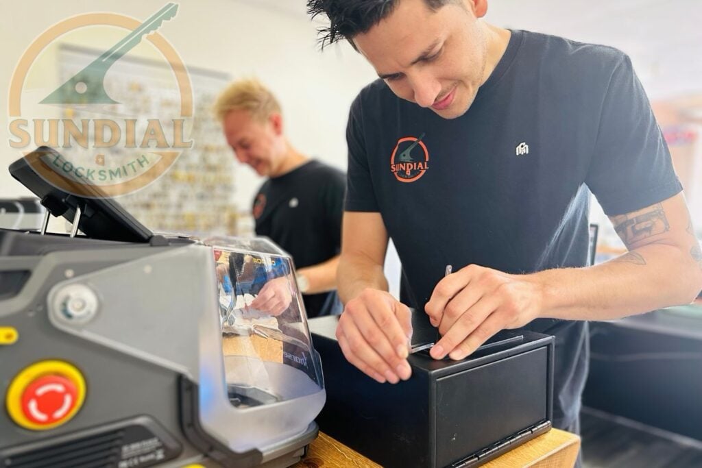 A Sundial Locksmith technician in a black uniform uses a key cutting machine to duplicate a key at a bright workshop counter.