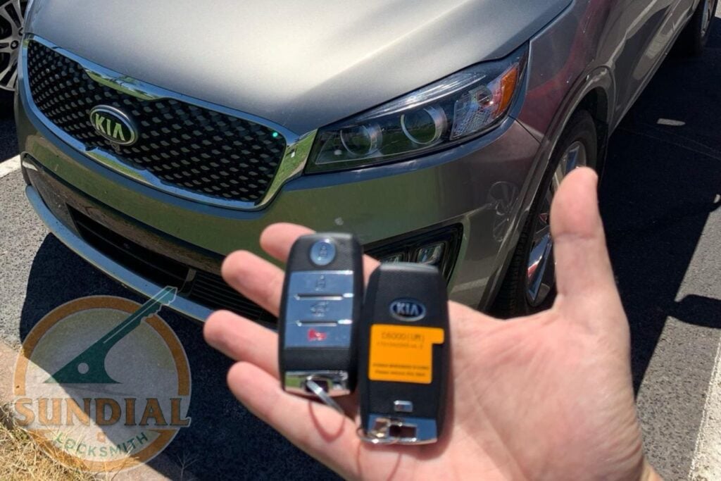 A hand holding two Kia key fobs in front of a green Kia SUV in a parking lot.