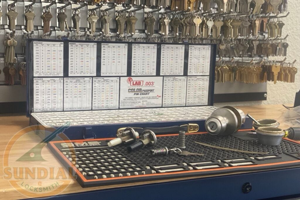 A locksmith workbench displaying a key cutting reference chart, an assortment of key blanks, cylinder hardware, and key rings arranged on a blue mat with rows of key blanks hanging in the background.