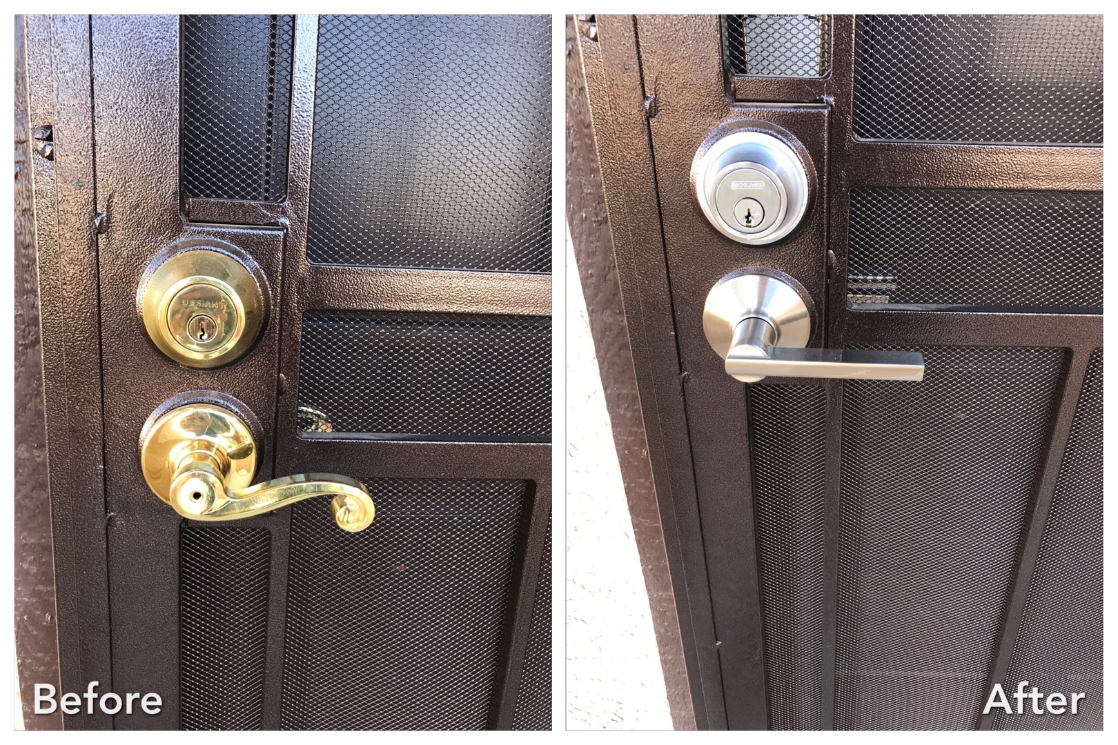 A before and after comparison showing an old brass door knob and lever handle replaced with a new brushed nickel deadbolt and lever lock set on a dark metal security screen door.