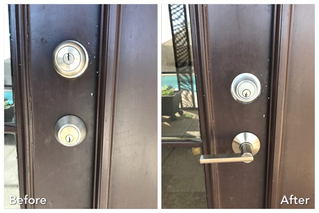 Anti-Kick Door Reinforcement: The Upgrade That Actually Stops Kick-In Burglaries A before and after comparison showing a dark brown front door with two deadbolt locks replaced by a single modern deadbolt and lever handle combination.