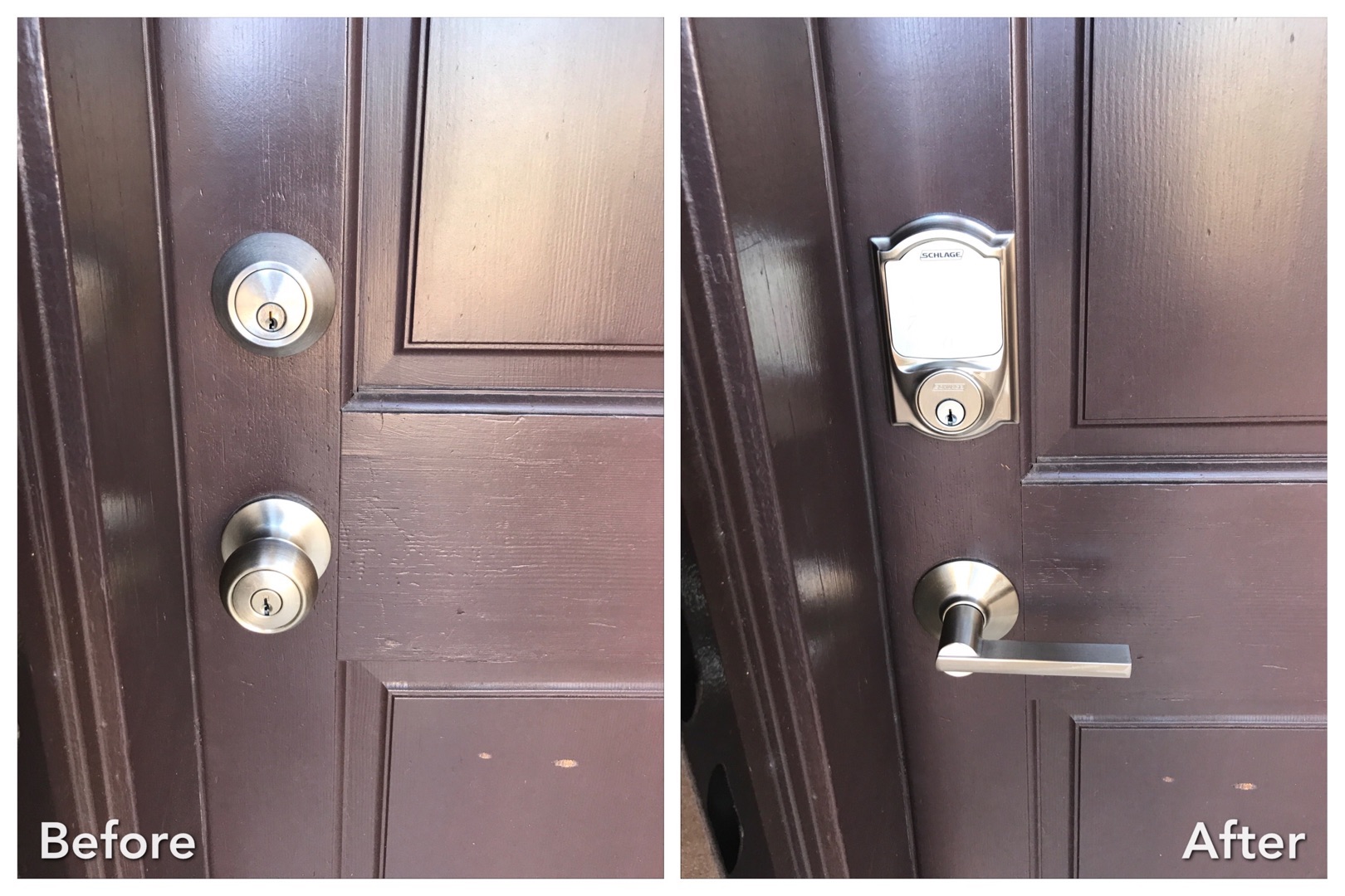 A side-by-side before and after comparison showing an old double deadbolt and knob set replaced with a modern single deadbolt and lever handle on a dark brown residential front door.