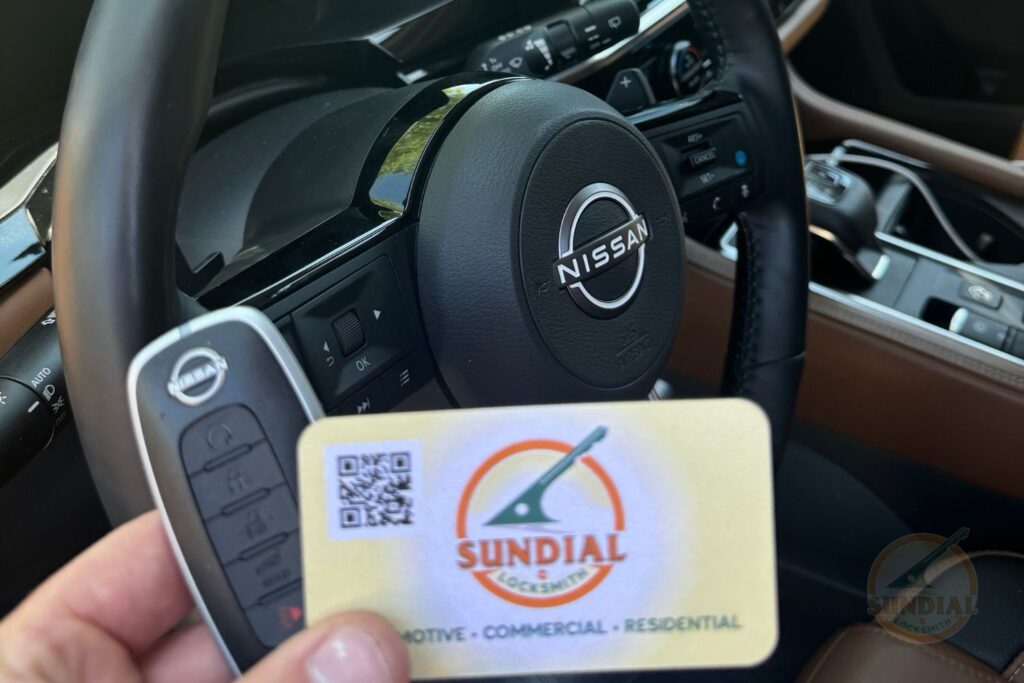 A hand holding a Nissan flip key fob and a Sundial Locksmith business card inside a Nissan vehicle with the steering wheel visible in the background.