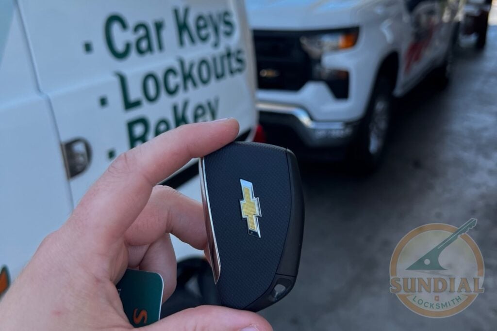 Ford F-Series Truck Key Replacement: What Every Owner Should Know A hand holding a Chevrolet smart key fob in front of a Sundial Locksmith service van displaying car keys, lockouts, and rekey services.