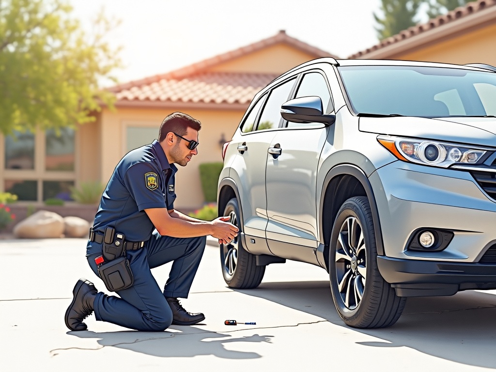A professional automotive locksmith programming a transponder key next to an SUV in an Avondale AZ driveway near Garden Lakes
