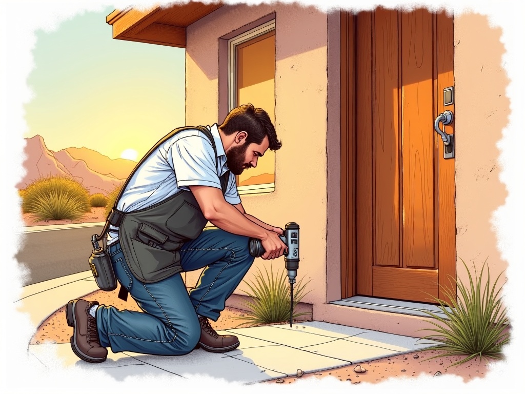 A residential locksmith installing a new deadbolt on a stucco home in the Coldwater Springs neighborhood of Avondale AZ