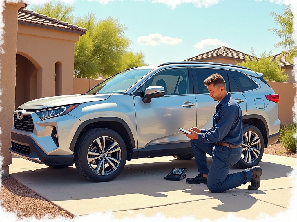 Buckeye, AZ A locksmith performing automotive locksmith Buckeye AZ service on an SUV parked in a Verrado neighborhood driveway on a bright Arizona afternoon