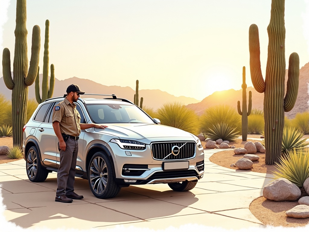 An automotive locksmith programming a smart key fob beside a luxury SUV in a Carefree AZ driveway, demonstrating expert car key replacement service