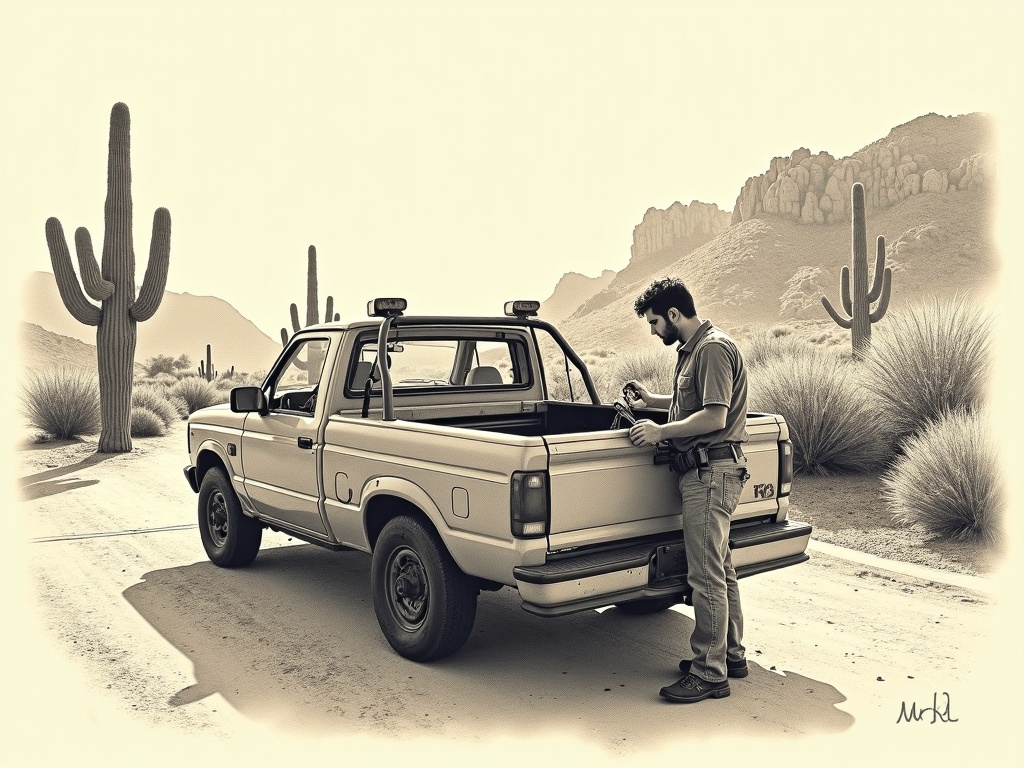 Cave Creek, AZ A locksmith performing automotive locksmith work on a pickup truck in a Cave Creek driveway near Tatum Ranch with desert foothills in the background