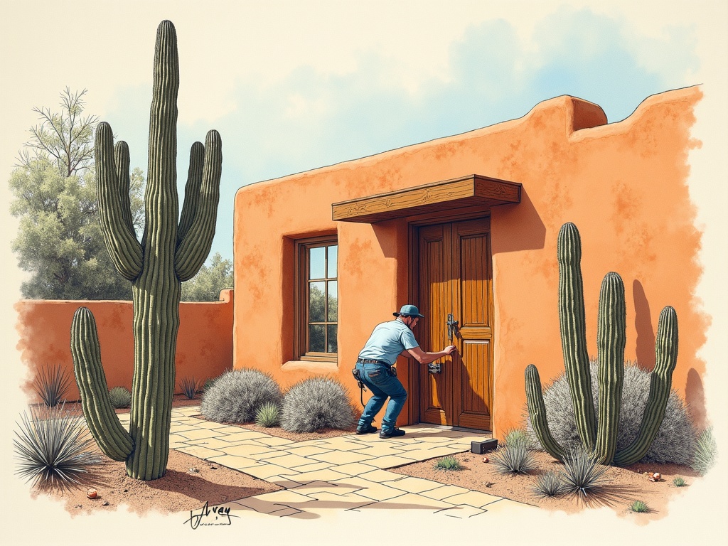 Cave Creek, AZ A locksmith installing a residential deadbolt on a custom Cave Creek home near Rancho Manana as part of an automotive locksmith and residential service call