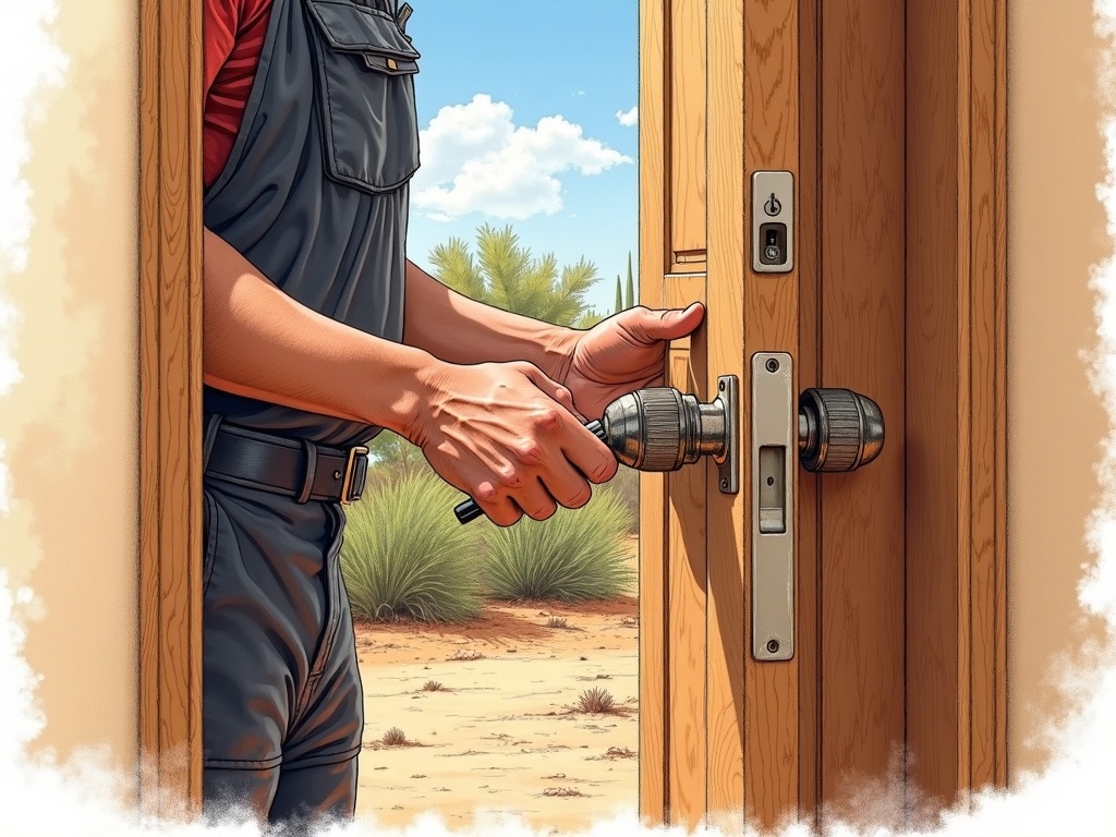 A licensed locksmith completing a residential rekey and deadbolt upgrade at a newer home in the Lancaster Ranch area of Chandler Heights, Arizona