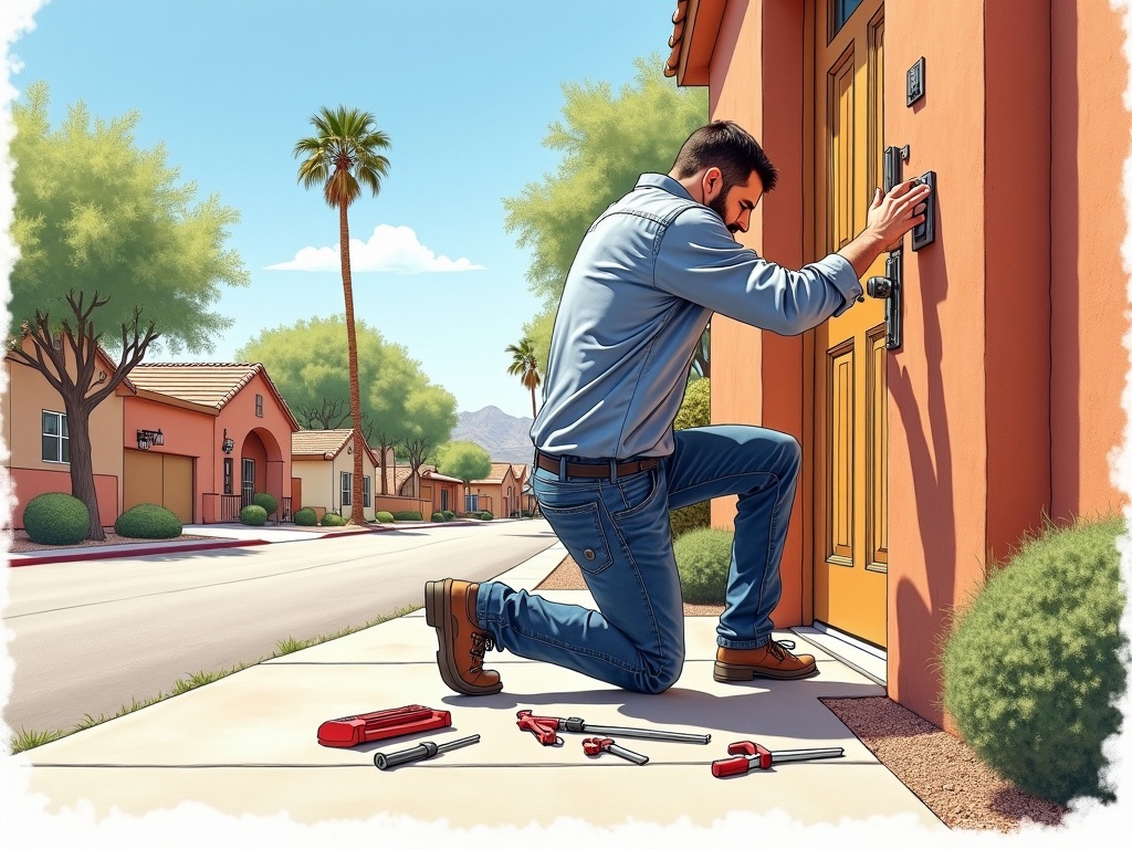 Professional technician providing locksmith in Chandler AZ services by rekeying a deadbolt at an Ocotillo-area home