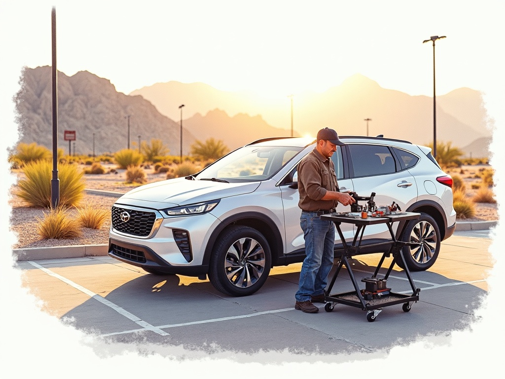 A locksmith Gilbert AZ technician programming a replacement car key for a modern SUV in the Val Vista area of Gilbert, Arizona