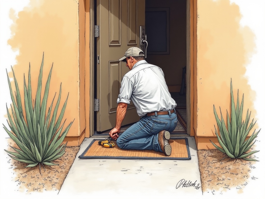 A professional performing locksmith Glendale AZ deadbolt installation at a stucco home in the Arrowhead Ranch neighborhood