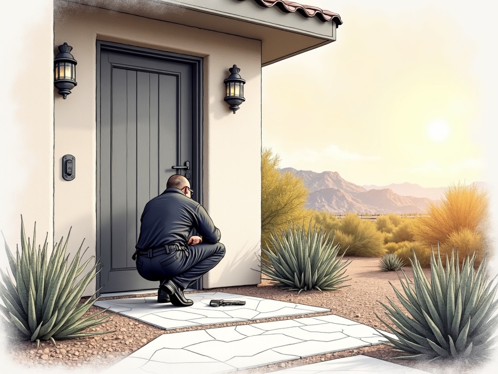 Goodyear, AZ A licensed locksmith performing residential locksmith Goodyear AZ deadbolt installation on a stucco home in the Palm Valley neighborhood