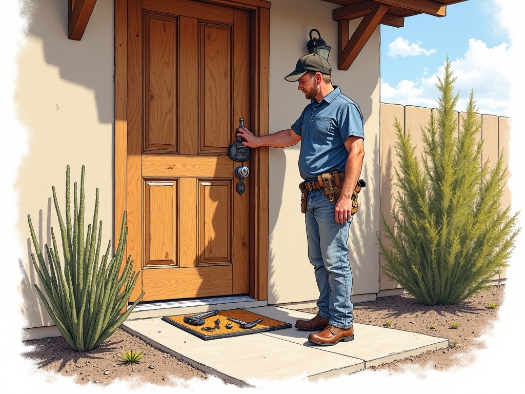 A professional completing a residential locksmith Higley AZ rekey service on a ranch-style home near Williams Field Road and Recker Road