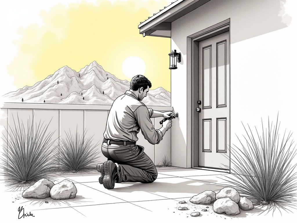 Laveen, AZ An experienced locksmith in Laveen AZ installing a deadbolt on a stucco home near Rogers Ranch with South Mountain in the background