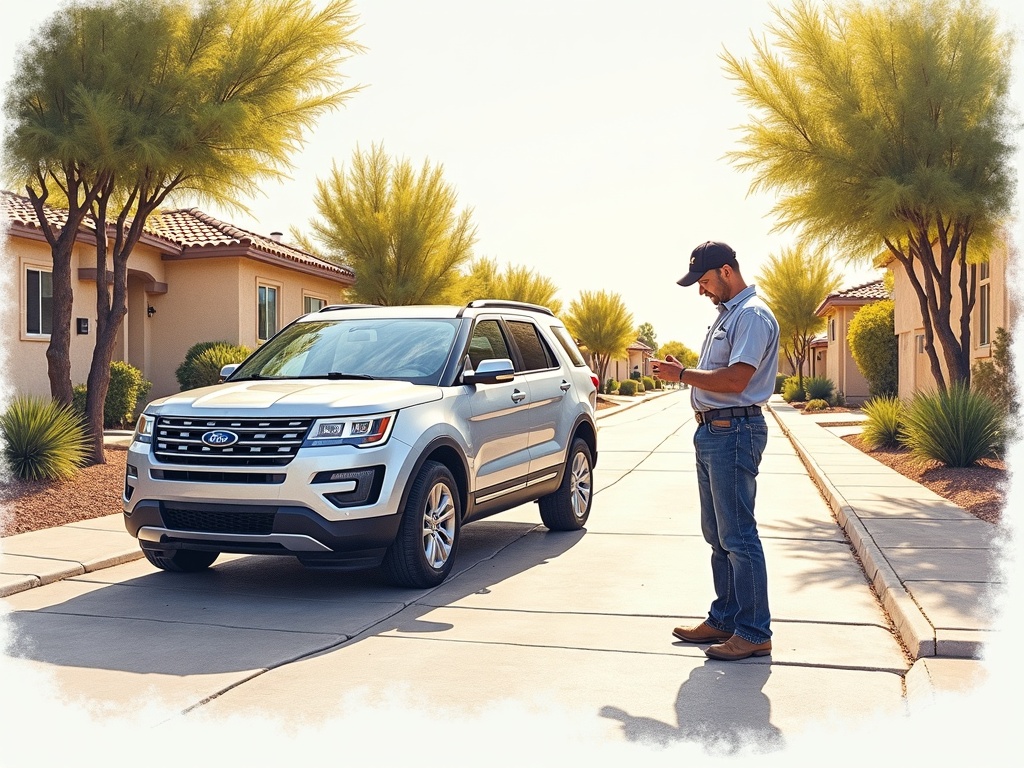 Litchfield Park, AZ A professional locksmith performing locksmith Litchfield Park AZ automotive key programming beside an SUV on a palm-lined residential street near Wigwam Boulevard