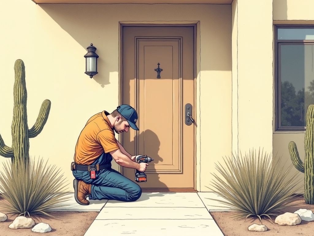 Litchfield Park, AZ A locksmith completing a residential deadbolt installation as part of locksmith Litchfield Park AZ home security service near the Village neighborhood on Old Litchfield Road