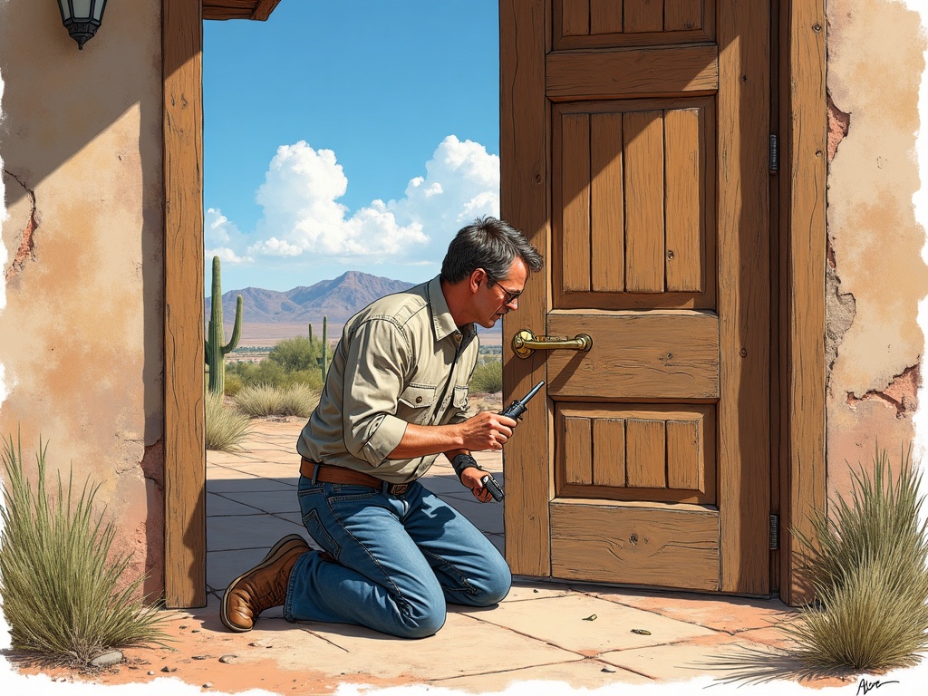 Licensed locksmith completing a residential rekey and lock replacement service on a custom home property in the Desert Hills area of New River Arizona