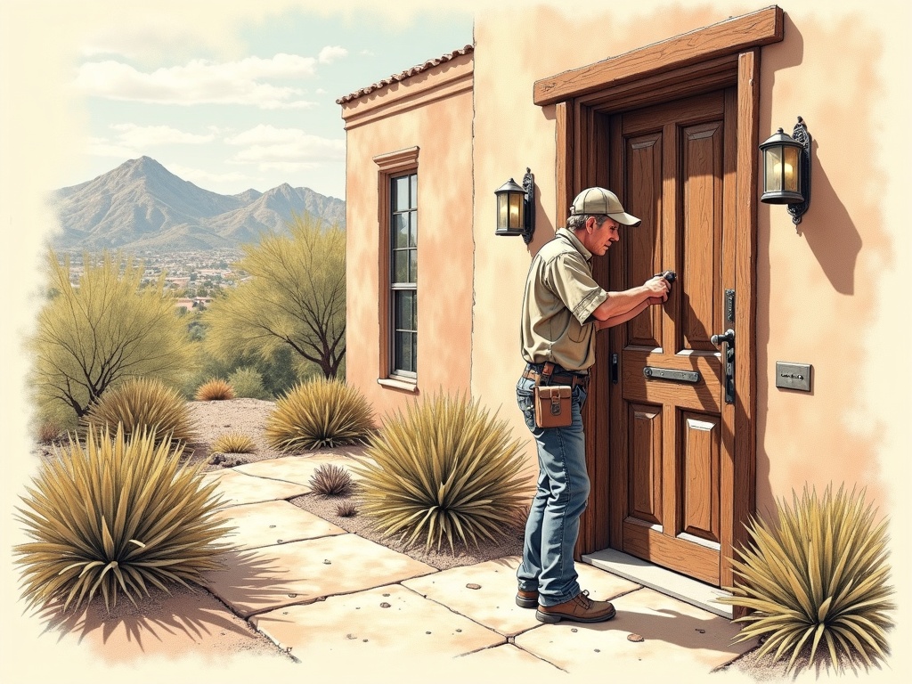 Paradise Valley, AZ A professional locksmith performing residential lock installation on a luxury estate home near Camelback Mountain in Paradise Valley AZ, demonstrating expert locksmith Paradise Valley AZ craftsmanship