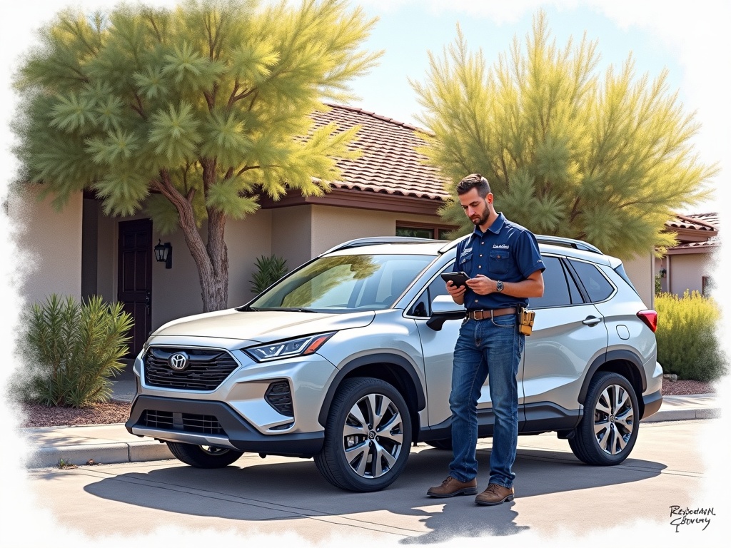 A locksmith providing automotive locksmith services at a residential driveway in the Vistancia community of Peoria, AZ