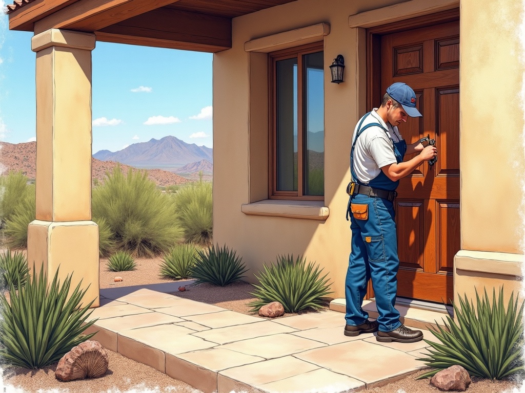 A technician performing locksmith services including deadbolt installation on a front door in the WestWing Mountain neighborhood of Peoria, Arizona