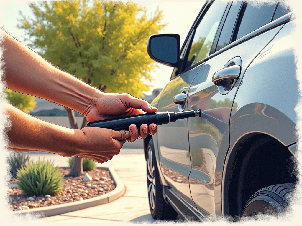 A professional locksmith using a professional car unlock tool to open a vehicle in a Phoenix AZ residential neighborhood near the Biltmore District