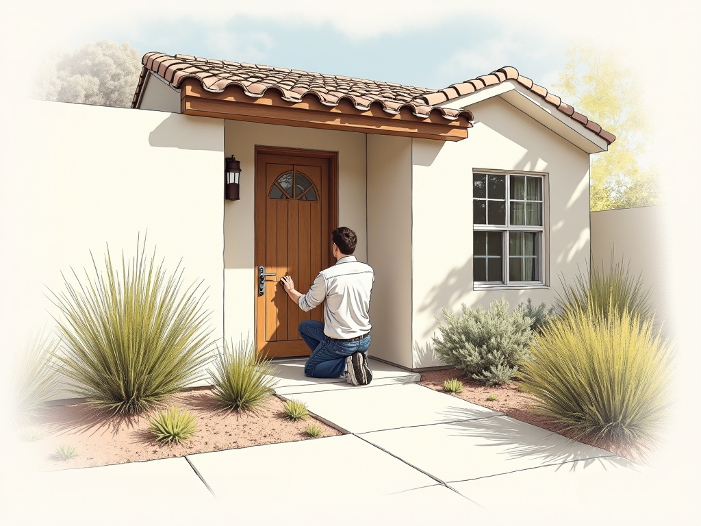 A technician completing a front door security upgrade with high-security deadbolt hardware at a Phoenix AZ home in the Deer Valley neighborhood