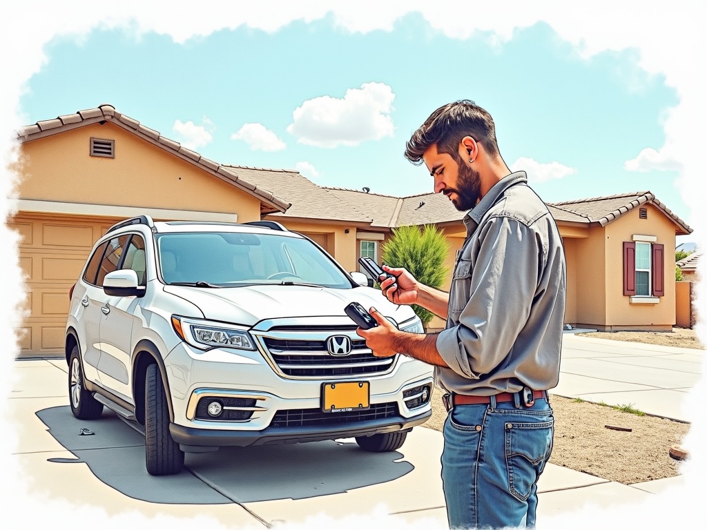 An automotive locksmith Queen Creek AZ technician programming a proximity key fob for an SUV owner near the Harvest community in Queen Creek, Arizona