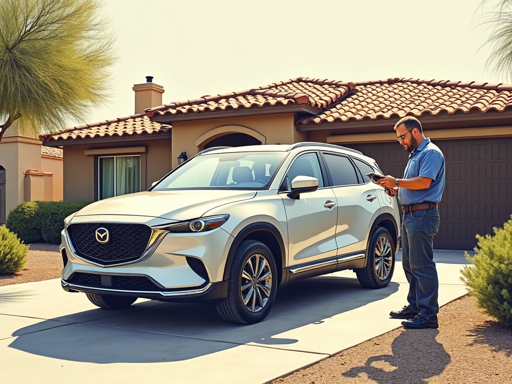Scottsdale, AZ A certified locksmith completing automotive locksmith Scottsdale AZ service by programming a replacement smart key beside a luxury SUV in a North Scottsdale residential driveway