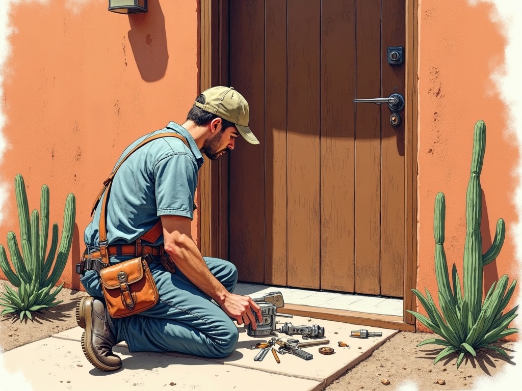 Scottsdale, AZ A skilled locksmith performing residential lock rekeying as part of an automotive locksmith Scottsdale AZ and home security service call near the Grayhawk neighborhood