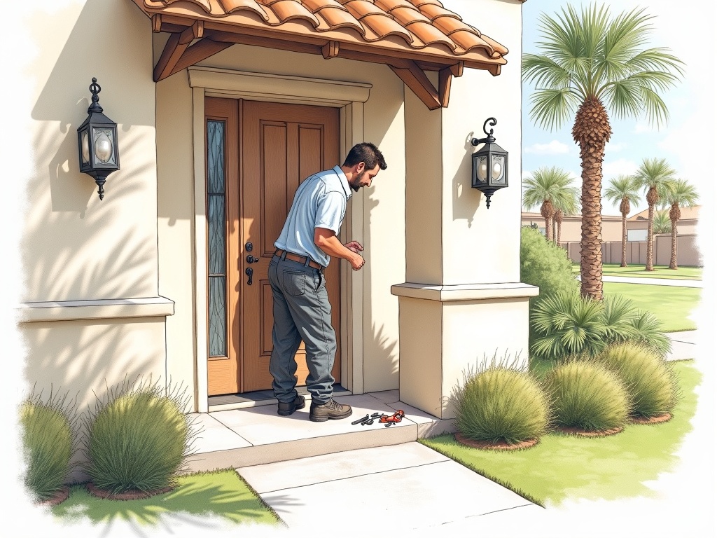 Sun City West, AZ A licensed locksmith Sun City West AZ technician rekeying a residential deadbolt near a Sun City West golf-course neighborhood on R.H. Johnson Boulevard
