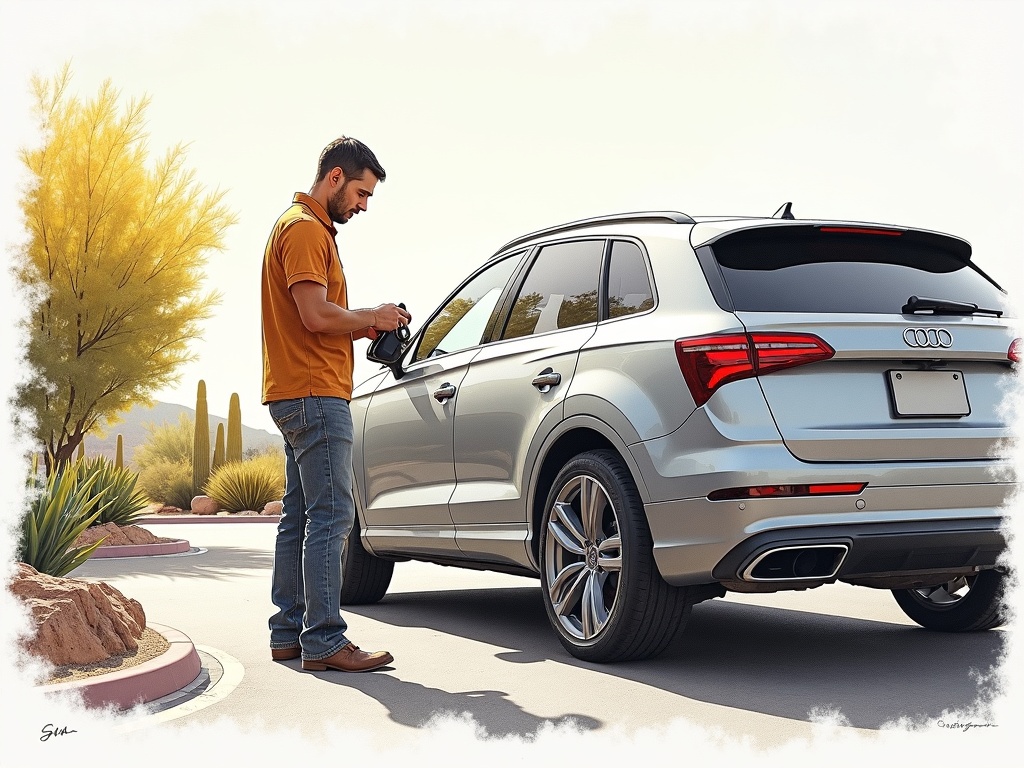 Sun City West, AZ An automotive locksmith Sun City West AZ professional programming a new key fob for a modern SUV near the Palm Ridge Recreation Center parking area