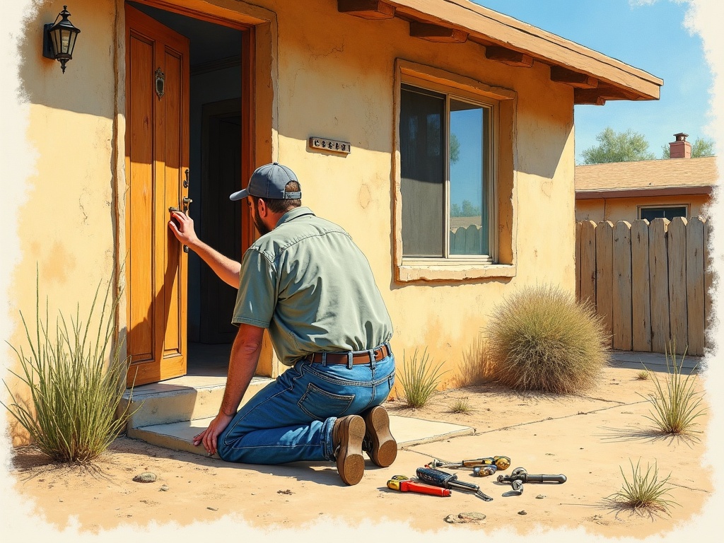 Locksmith rekeying a deadbolt during an automotive locksmith Sun City AZ residential service call near Del Webb Boulevard